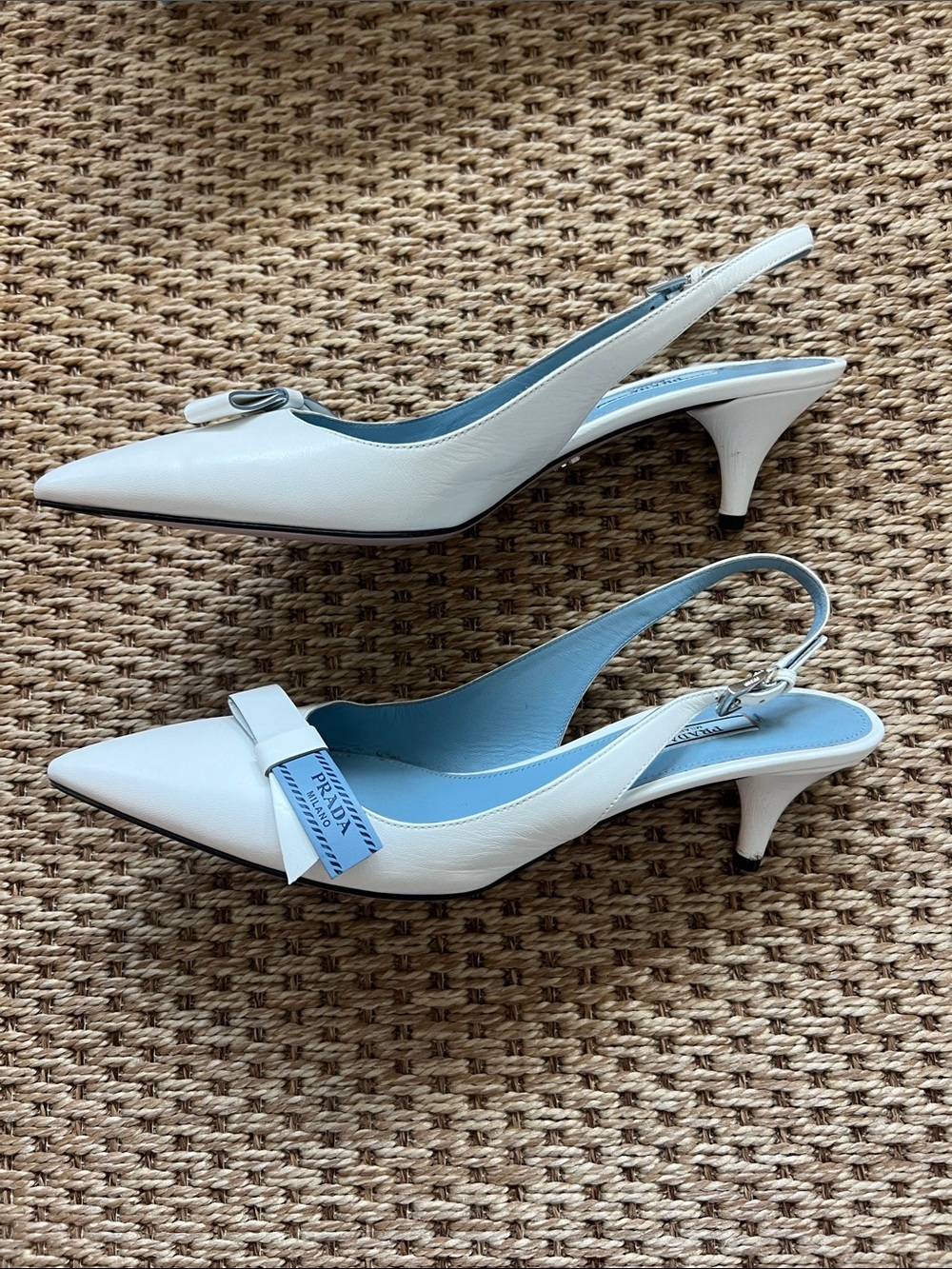 Prada White Leather Pointed Slingback Kitten Heels with Blue Prada Bow! - Picture 9 of 12
